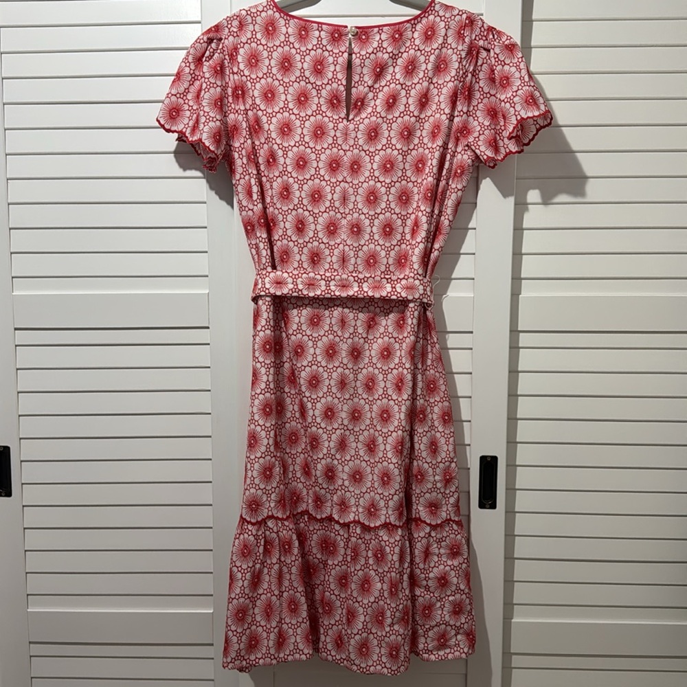 AnnTaylor floral midi dress, belted, floral embroidery, red and white, size SP - Picture 5 of 8
